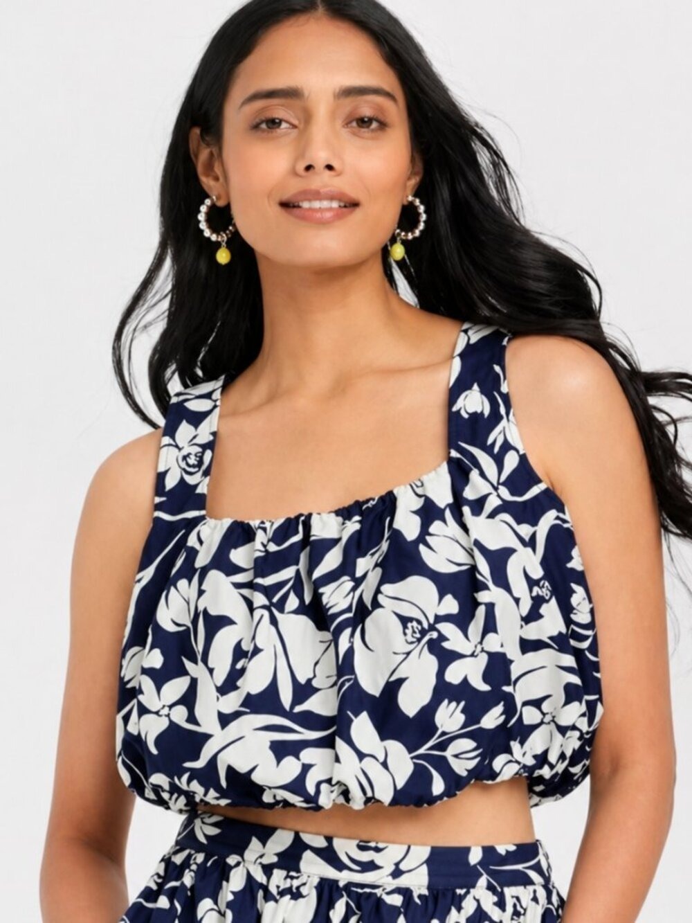 a new day Smocked Navy and White Floral Cropped Tank Top
